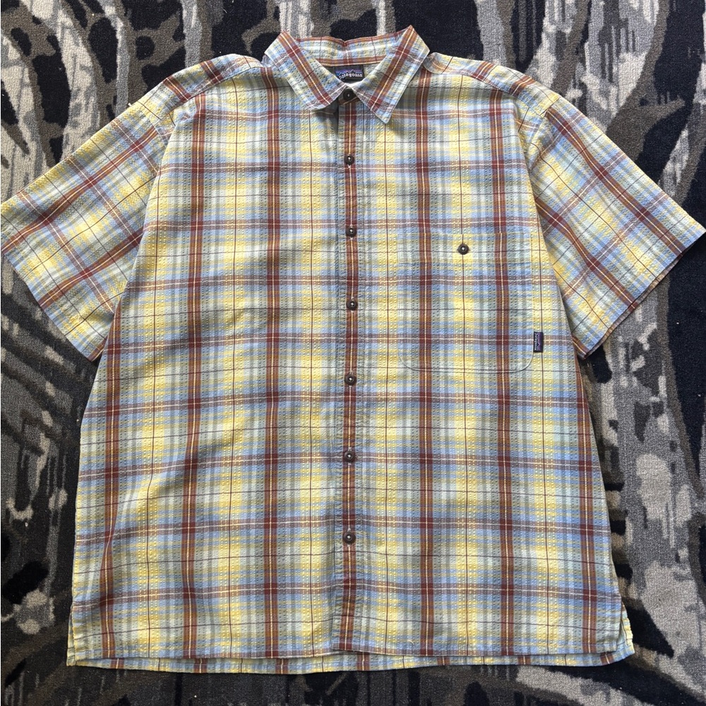 Patagonia Men's Short-Sleeve Plaid Button-Down in Yellow, Blue, Brown